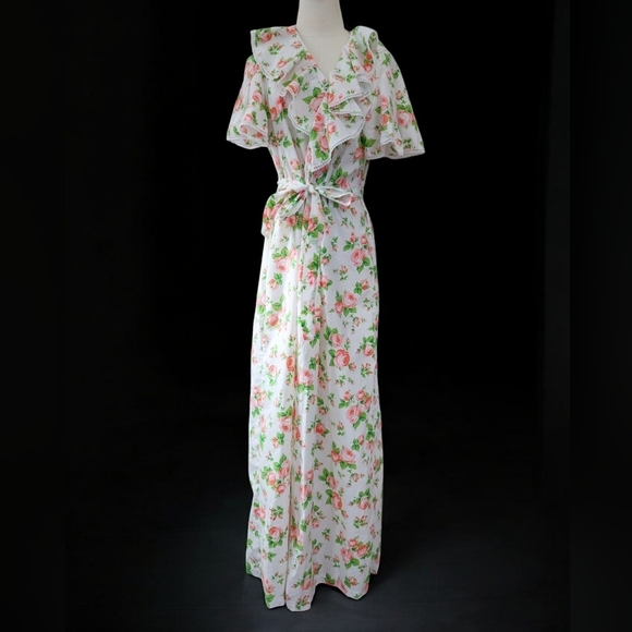 Vintage 70s Prairie Rose Floral Ruffle Long Robe Cottagecore - Picture 1 of 13